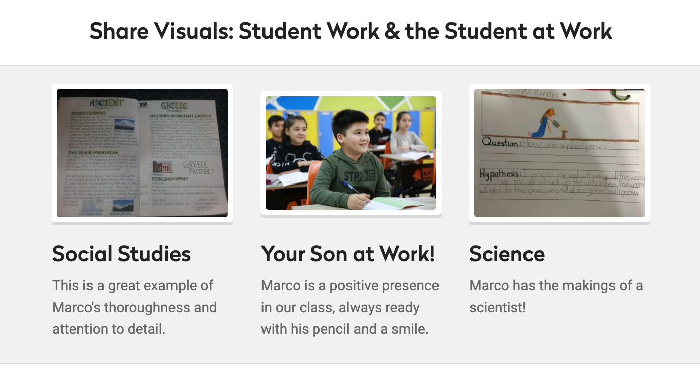 Sharing student work in photo gallery for parent conference school newsletter template